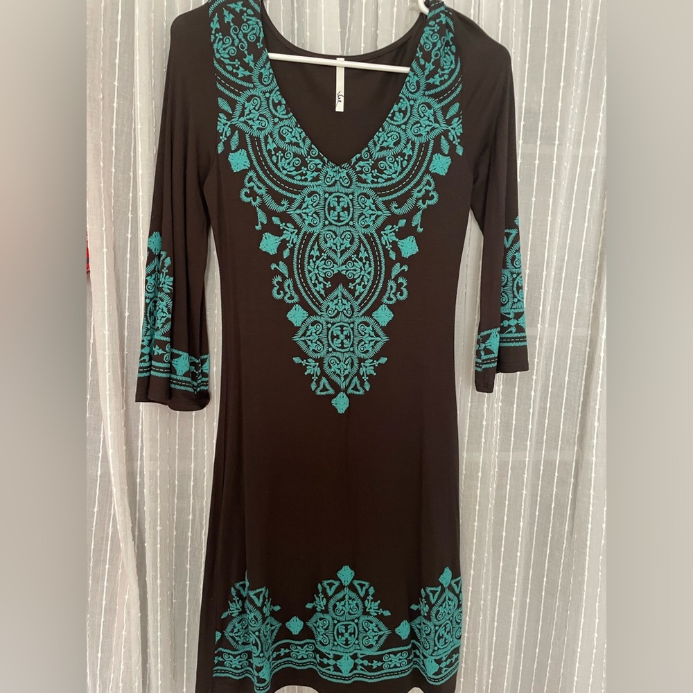 Voll Brand brown and turquoise embroidered dress size small